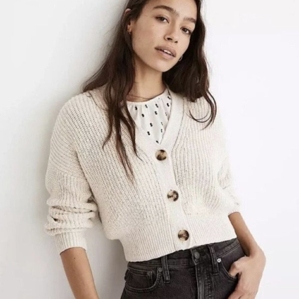Madewell Greywood Crop Cream Beige Button Down Cardigan Sweater L